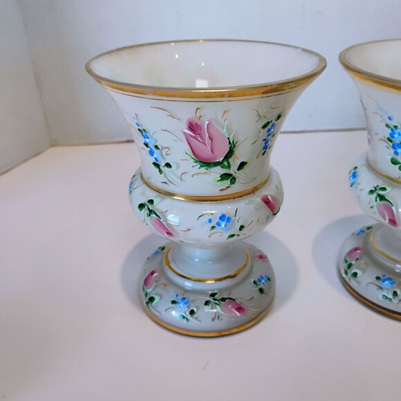 Pair Vtg BOHEMIAN CZECH Cased Glass White Painted Pink Roses Vase Set -CHIP READ - Picture 6 of 14